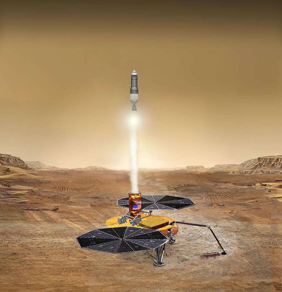 Artist concept of the Mars Ascent Vehicle launching the core samples off of Mars, then to be released into passive orbit around Mars before being returned to Earth.